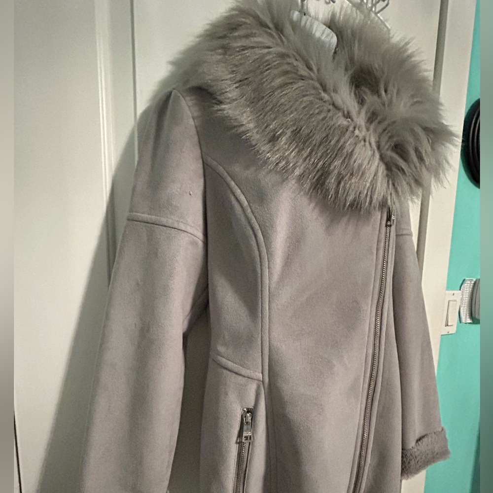 Catherine Malandrino Faux Suede Shearling Fur Coat Dove Grey M - Picture 4 of 9